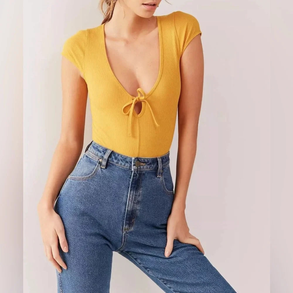 Urban Outfitters Out From Under‎ Mustard Teresa Tie-Front Ribbed Bodysuit
